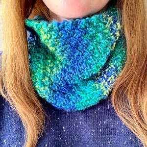 Multicolor Cowl Scarf Hand Knitted in Natural/Blue or Blue/Green or Pink/Purple or Orange/Teal image 1