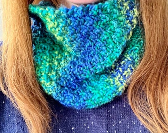 Multicolor Cowl Scarf - Hand Knitted in Natural/Blue or Blue/Green or Pink/Purple or Orange/Teal