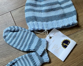 Knit Blue Striped Baby Beanie and Mittens Set - Approx 12 Months
