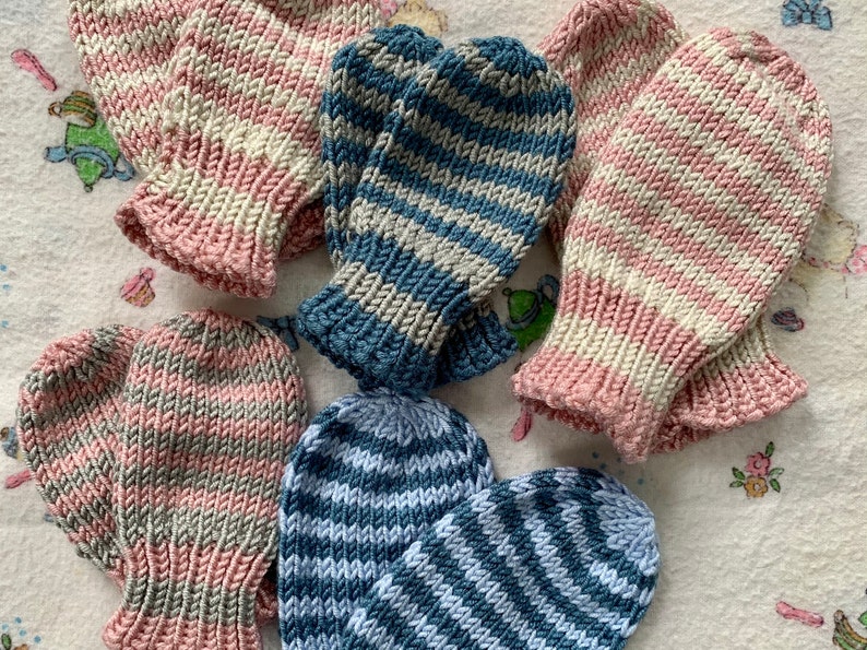 Striped Knit Mittens for Babies Thumbless Mitts 6 months or image 3