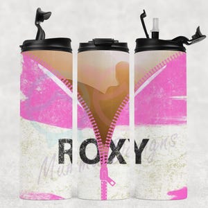 May include: A set of three insulated tumblers with black lids. The tumblers feature a design with a pink zipper, a silhouette of a person, and the word "ROXY" in black. The background has a distressed, textured look.