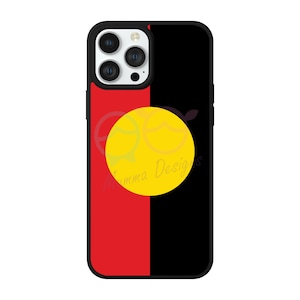 May include: A black phone case with a red, yellow, and black Aboriginal flag design. The case has a cutout for the phone's camera.