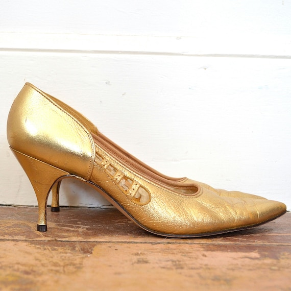 50's Metallic Gold Pumps - Vintage Shiny Gold Leat