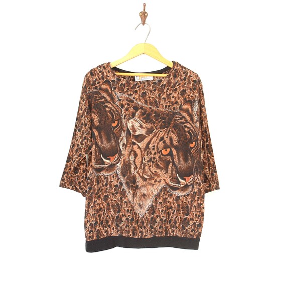 VTG 80s gold button up long sleeve button up shirt leopard Maggy London 14 silk safari animal print