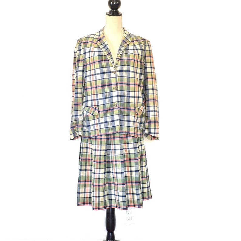 Womens Wool Suit 1960/'s Two Piece Skirt and Jacket Vintage Secretary Style Suit Tartan Tailored Ladies 2 Piece Mid Century Skirt Suit