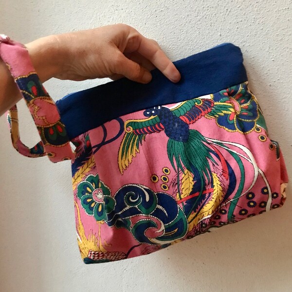 Sac à main pochette tissus vintage chinois avec dragonne