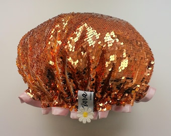 Gorro de ducha impermeable con lentejuelas reversibles de oro rosa y oro amarillo de lujo