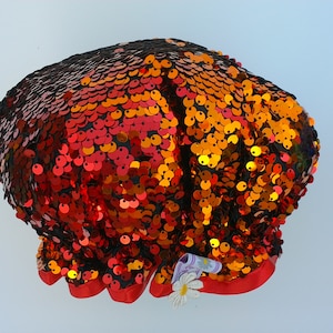 Luxury Vibrant Red/Orange Sequin Shower Hat as featured on ITVs Emmerdale worn by Lisa Riley