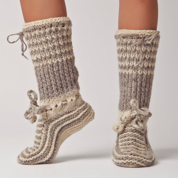 Wool Slippers, Handknit Wool Socks, Warm, Soft, Tall Knitted Socks, Women's Slippers: Valentina