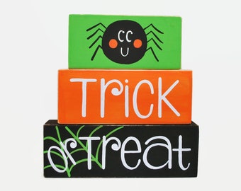 Halloween Spider Trick Or Treat XL WoodenBlock Shelf Sitter Stack Tiered Tray, Mantel, Office, Desktop