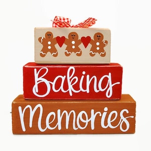 Christmas Gingerbread Baking Memories WoodenBlock Shelf Sitter Stack Traditions, Gift Exchange, Mantel, Office, Desktop, Tiered Tray image 1