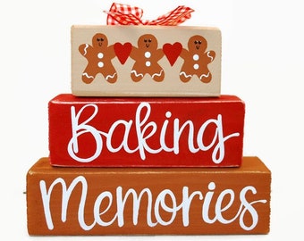 Christmas Gingerbread Baking Memories WoodenBlock Shelf Sitter Stack Traditions, Gift Exchange, Mantel, Office, Desktop, Tiered Tray