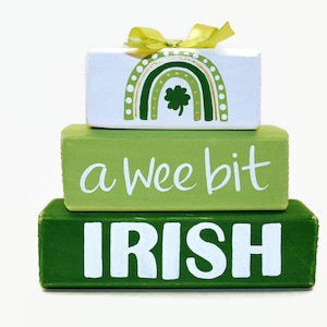 A Wee Bit Irish Wood Block Stack, St. Patrick’s Day Decor, Shamrock Rainbow Shelf Sitter, Irish Tiered Tray Sign