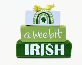 A Wee Bit Irish Wood Block Stack, St. Patrick’s Day Decor, Shamrock Rainbow Shelf Sitter, Irish Tiered Tray Sign