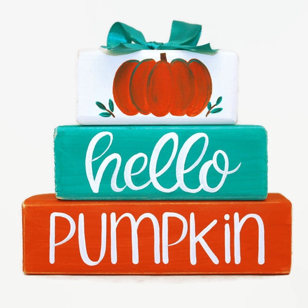 Autumn Fall Hello Pumpkin WoodenBlock Shelf Sitter Stack