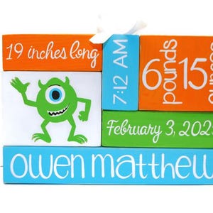 Mike Monster Inspired Baby Birth Stat Nursery WoodenBlock Shelf Sitter Stack