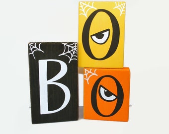 Boo Halloween Scatter Blocks WoodenBlock Shelf Sitter Mantel Office Desktop Sign Decor Yellow Black Orange