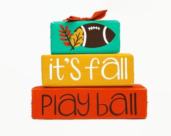 Fall Football Play Ball WoodenBlock Shelf Sitter Stack Tiered Tray Sports Office Mantel Desktop Gift Décor Sign