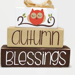 Autumn Blessings Owl Fall Decor WoodenBlock Shelf Sitter Stack Office Wreath Decor Desk Church Gift