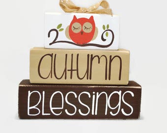 Autumn Blessings Owl Fall Decor WoodenBlock Shelf Sitter Stack Office Wreath Decor Desk Church Gift