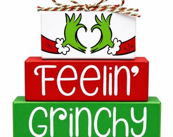 Grinchy Christmas Wooden Block Shelf Sitter Stack