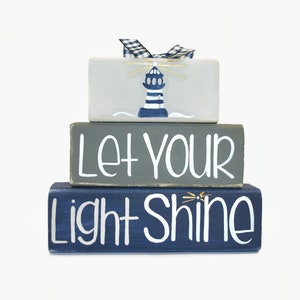 Lighthouse Let Your Light Shine WoodenBlock Shelf Sitter Stack Mantel Office Small Space Decor