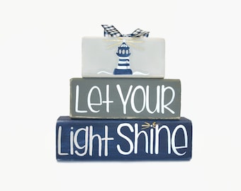 Lighthouse Wooden Block Shelf Sitter: Coastal Mantel Decor