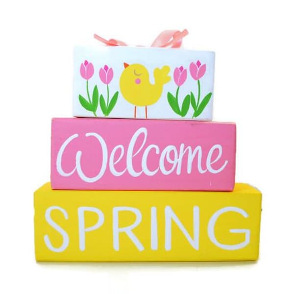 Spring Stacking Blocks: Easter Chick & Tulip Wood Decor