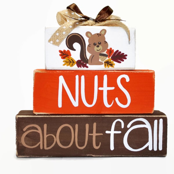 Squirrel Nuts About Fall WoodenBlock Shelf Sitter Stack Autumn Fall leaves Orange Brown Acorn Fall Office Mantel