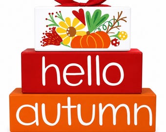 Handmade Hello Autumn Wooden Block Decor: Rustic Pumpkin & Floral Farmhouse Accent