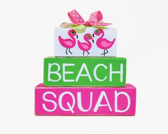 Flamingo Beach Squad WoodenBlock Shelf Sitter Stack Summer Decor Friend Gift Tiered Tray Mesh Wreath Office Desktop