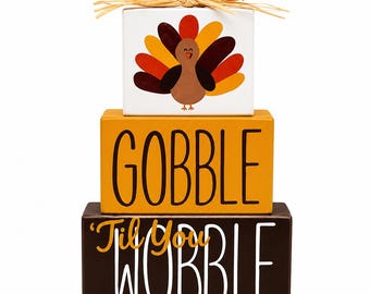 Hand-Painted Thanksgiving Turkey Wood Blocks, Gobble Til You Wobble Fall Sign