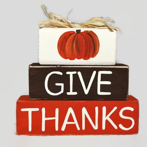 Give Thanks Thanksgiving Pumpkin WoodenBlock Shelf Sitter Stack