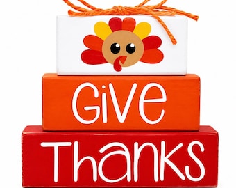 Give Thanks Turkey Wood Blocks, Thanksgiving Tiered Tray Decor, Fall Farmhouse Shelf Sitter, Hand Painted Autumn Block Set