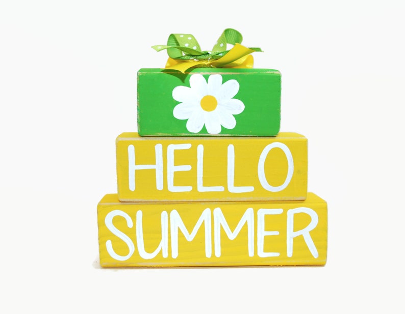 Daisy Hello Summer WoodenBlock Shelf Sitter Stack Desktop image 1