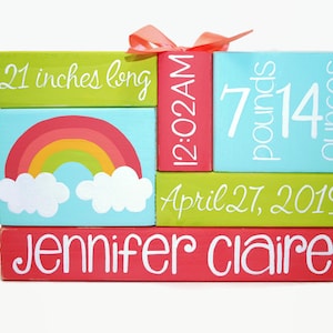 Rainbow Nursery Baby Birth Stat WoodenBlock Shelf Sitter Stack Rainbow Baby Coral Aqua