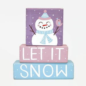 Snowman Let It Snow WoodenBlock Shelf Sitter Stack Winter Tiered Tray Winter Mantel