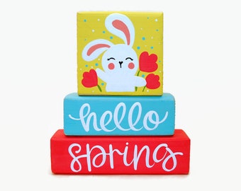 Happy Spring Bunny Flowers WoodenBlock Shelf Sitter Stack Tiered Tray Office Mantel Shelf Gift