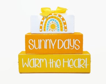 Summer Sunny Days Warm The Heart WoodenBlock Shelf Sitter Stack Home Décor Sign Tiered Tray Office Gift Mantel Sunshine Yellow