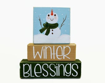 Snowman Winter Blessings WoodenBlock Shelf Sitter Stack