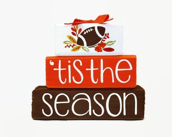 Fall Football Tis The Season WoodenBlock Shelf Sitter Stack Tiered Tray Office Mantel Gift