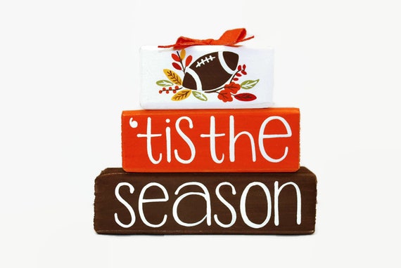 Fall Football Tis The Season WoodenBlock Shelf Sitter Stack Tiered Tray Office Mantel Gift