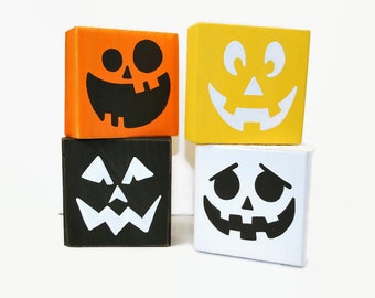 Halloween Pumpkin Face WoodenBlock Shelf Sitter Stack Orange Black Yellow Shelf Mantel Office Desktop