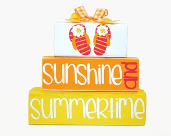 Summer Flip Flops Wooden Block Stack: Beach Home Decor