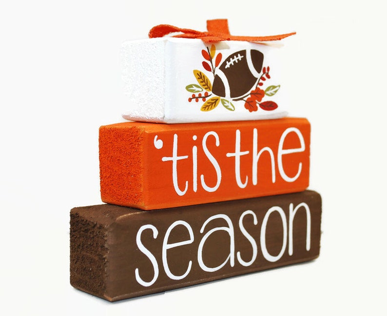 Hand-painted Football Fall Wood Block Stack, Autumn Tiered Tray Decor Bild 3