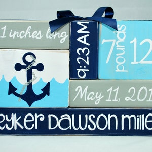 Anchor Nautical Baby Birth Stat Nursery WoodenBlock Shelf Sitter Stack, birth announcement, new mom gift, custom baby, ocean theme,name sign