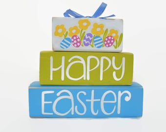 Happy Easter Colors Eggs Flowers WoodenBlock Shelf Sitter Desk Office Mantel Decor