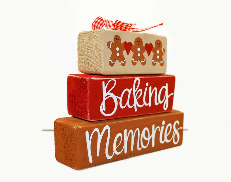 Christmas Gingerbread Baking Memories WoodenBlock Shelf Sitter Stack Traditions, Gift Exchange, Mantel, Office, Desktop, Tiered Tray image 2