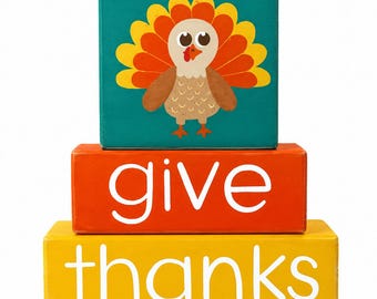 Give Thanks Turkey Wood Blocks, Hand Painted Thanksgiving Decor
