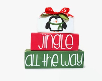Christmas Jingle All The Way Penguin WoodenBlock Shelf Sitter Stack